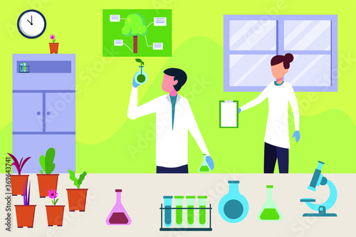 Plants testing vector concept: portrait of scientist couple doing experiment on pots of small plants
