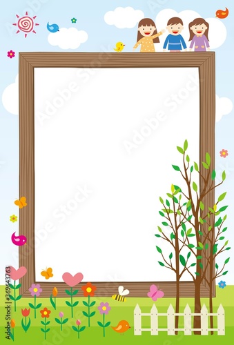 A frame in which a writing background with trees, flowers, and children is framed. A good frame for children's notifications.Vector source for moving and editing individual images.