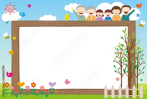 A frame with a framed background of writing with trees, flowers, and families.Vector source for moving and editing individual images.