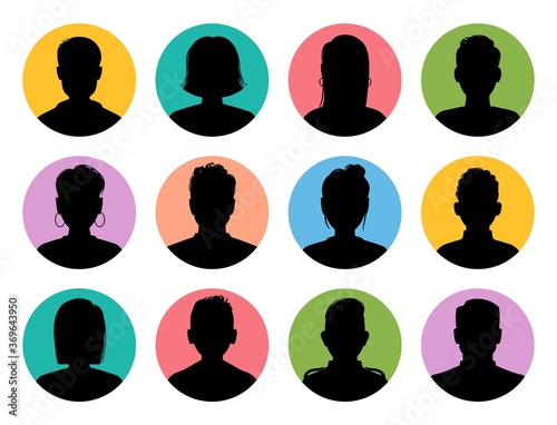 Silhouette heads. Male and female head silhouettes avatar, profile circle icons, woman and man social media anonymous portrait, flat vector collection