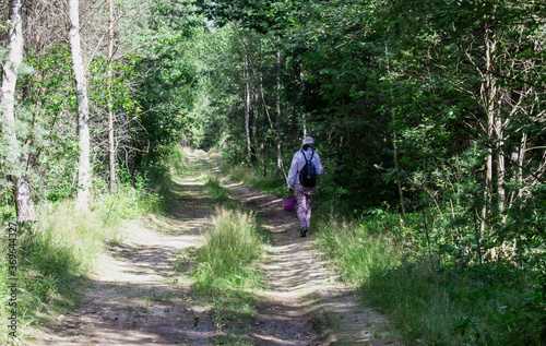 Girl walks along a forest road with a backpack in the summer