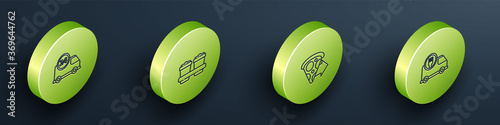 Set Isometric Fast delivery by car, Coffee cup to go, Online ordering pizza and icon. Vector.