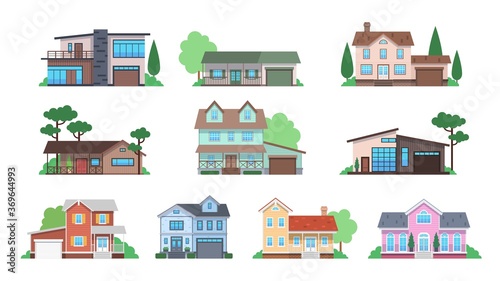 Cottages. Home facades, cottage or suburban townhouse, front view family houses, architecture real estate modern design flat vector set