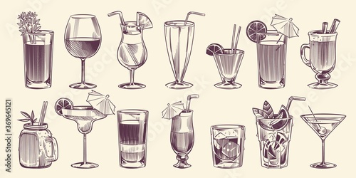 Sketch cocktails. Hand drawn different cocktail, alcohol drink in glass for party restaurant menu, cold mojito, tropical pina colada and margarita, engraving style vector isolated set