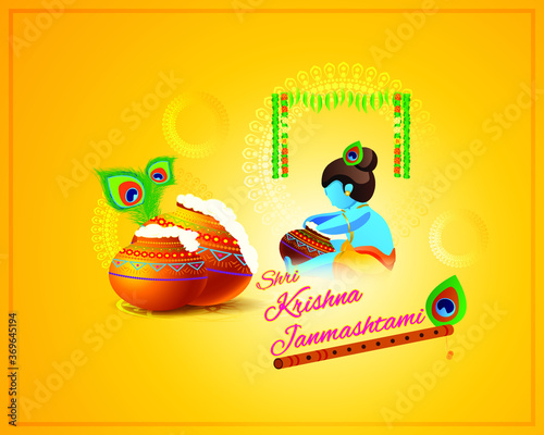 VECTOR ILLUSTRATION FOR INDIAN FESTIVAL JANMAASHTMI , ILLUSTRATION IS SHOWING LITTLE KRISHNA (INDIAN GOD) EATING SWEET BUTTER FROM POT BUTTER IN BACKGROUND OF HANGING POT, CARVED COLUMN 