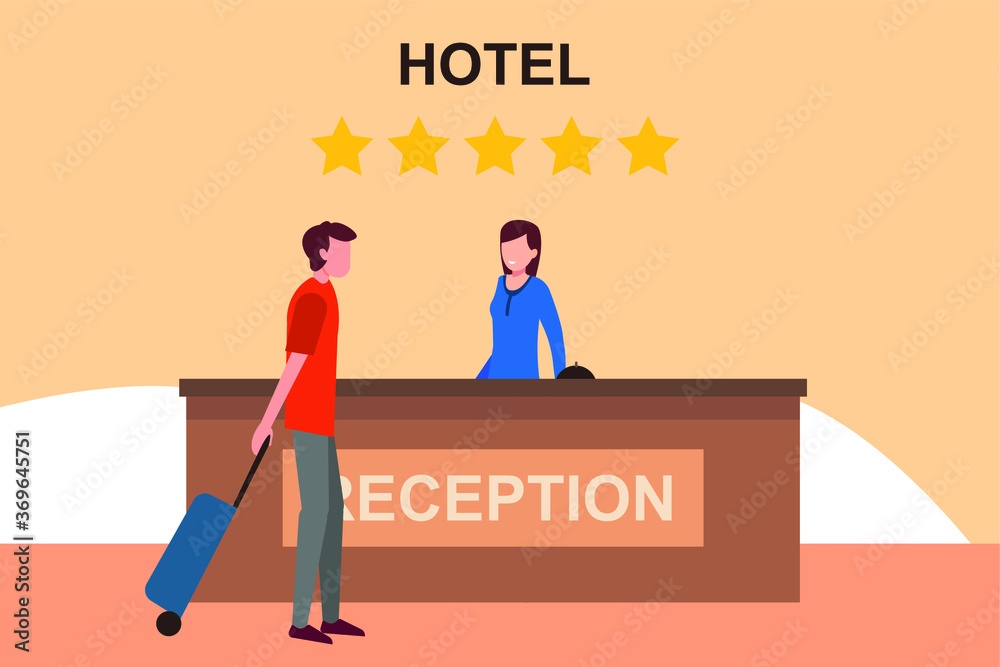 Five star hotel reception vector concept: man carrying luggage while checking in at the hotel receptionist desk happily Five star hotel reception vector concept: man carrying luggage while checking in at the hotel receptionist desk happily