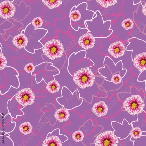 Hollyhock flower heads seamless vector pattern in vibrant colors. Summertime surface print design for fabrics, textiles, gift wrapping paper, scrapbook, stationery, and packaging.