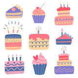 Flat illustration of cute cartoon birthday cakes and cupcakes with candles in color doodle style isolated on white background
