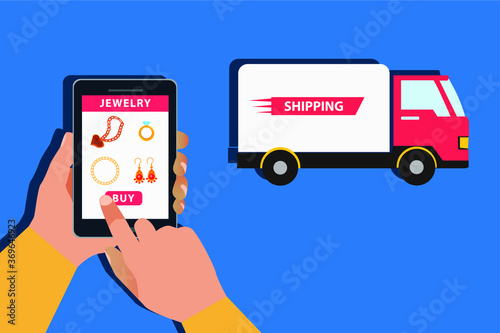 Jewelry delivery vector concept: unidentified hands purchasing jewelries with online shopping application © Creativa Images