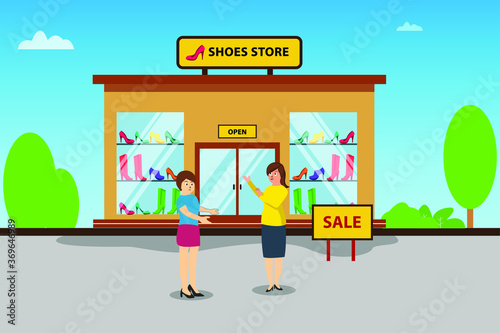 Fototapeta Naklejka Na Ścianę i Meble -  Shoes store vector concept: clerk talking to her customer outside the shoes store