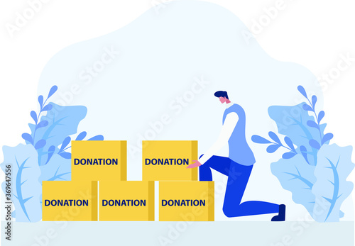 Community service vector concept: social worker arranging the Donation cardboard boxes