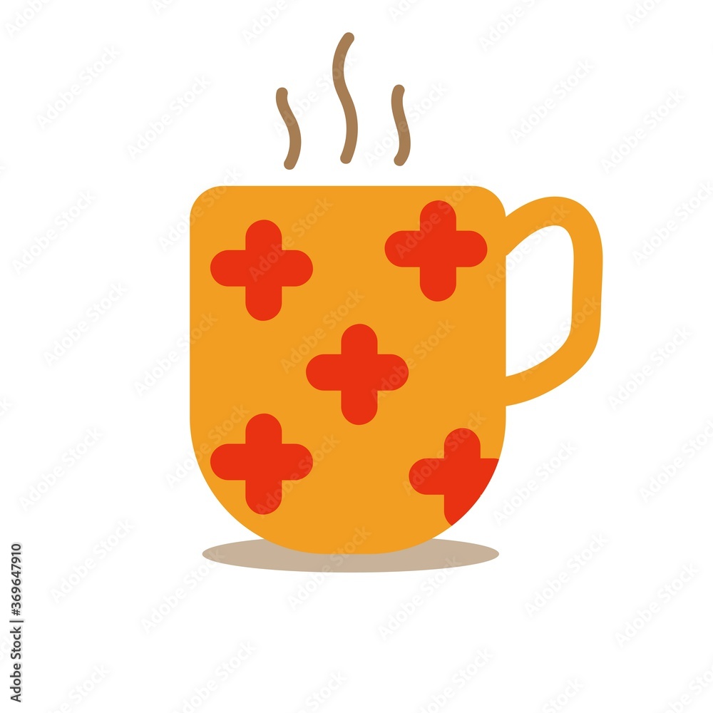 Hand drawn cozy cup for autumn evenings. Orange cup with red cross pattern on it. Autumn greeting card. Cartoon Vector illustration. Hand drawn cozy cup for autumn evenings. Orange cup with red cross pattern on it. Autumn greeting card. Cartoon Vector illustration.