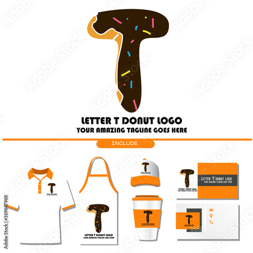 The Best and Delicious Letter T Donuts Shop Logo for Cafe and Bakery. Bitten Chocolate Donut with Initial Lettering Logotype Vector Illustration on White Background with Brand Identity include Shirt. 
