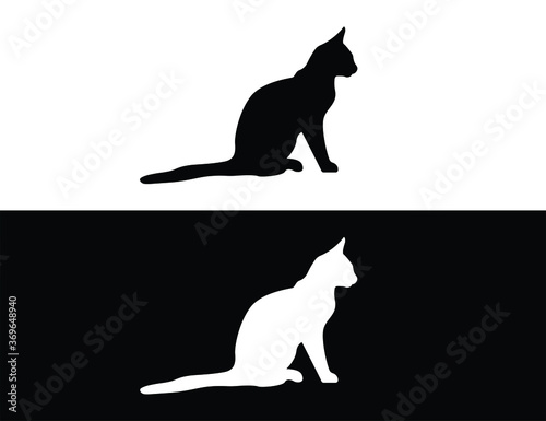 Cat icon vector illustration in black and white colors. Elegant cat sitting side view