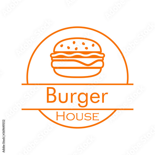 Concepto comida rápida. Logotipo lineal con texto Burger House en círculo con hamburguesa en color naranja