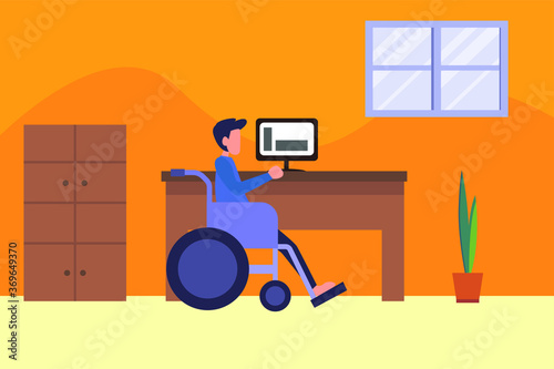 Disability worker vector concept: businessman on wheelchair working on his desktop