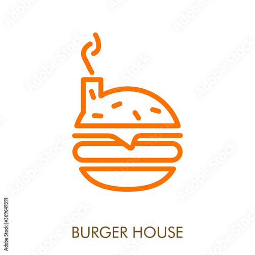 Concepto restaurante de comida rápida. Logo lineal texto Burger House con hamburguesa con chimenea en color naranja