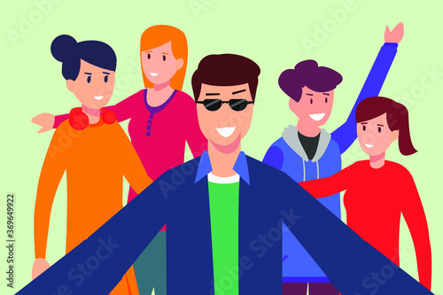 Friendship vector concept: Happy group of teenagers taking selfie together