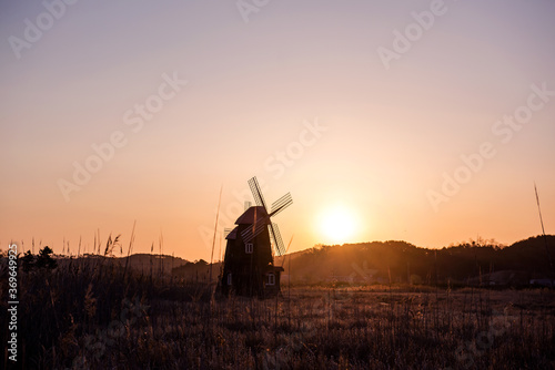 The beautiful landscape of windmill town in the early morning at dawn.