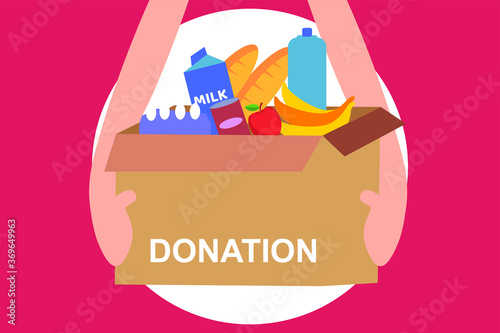Donation vector concept:  hands holding Donation cardboard box full of food and beverages items
