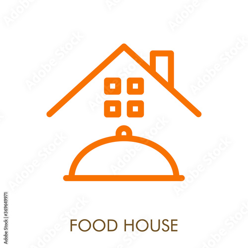 Concepto reparto de comida a domicilio. Icono plano lineal palabra Food House con bandeja de comida en casa en color naranja