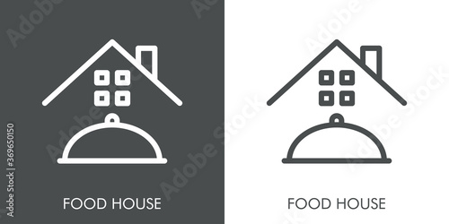Concepto reparto de comida a domicilio. Icono plano lineal palabra Food House con bandeja de comida en casa en fondo gris y fondo blanco 