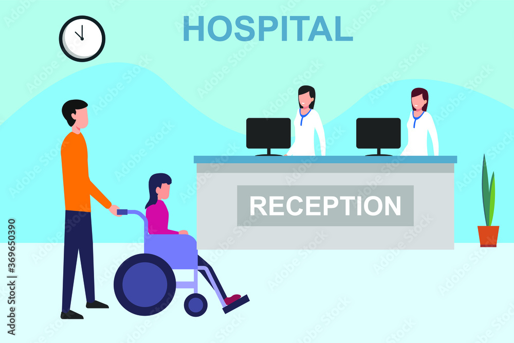 Hospital reception vector concept: man accompanying his ill wife on the wheelchair while waiting at the hospital receptionist