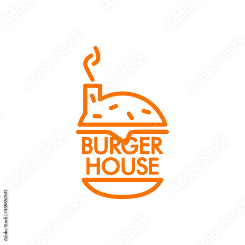 Concepto restaurante de comida rápida. Logotipo lineal con palabra Burger House en hamburguesa con chimenea en color naranja
