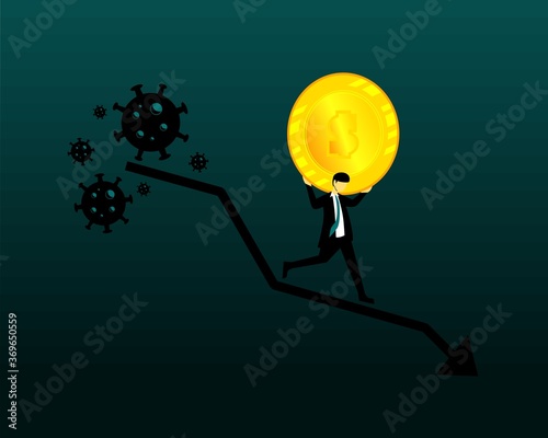 Corona virus impact to global economy. Businessman character holding dollar coins running away from virus. Illustration vector