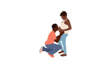 Man hugging and kissing belly of pregnant wife. Happy couple expecting baby. Pregnancy time. Isolated flat vector illustration