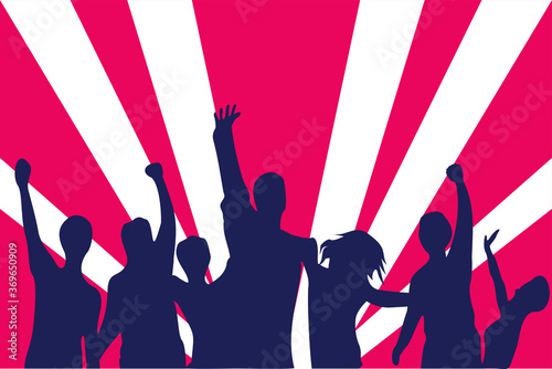 Cheering people vector concept: silhouette of cheering and jumping crowd over red retro background