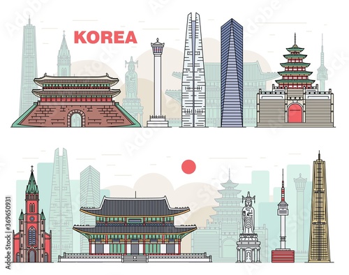 Korean landmarks and sights set, sketch vector illustration isolated on white.