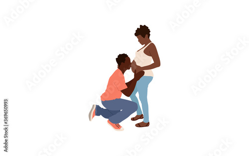 Man hugging and kissing belly of pregnant wife. Happy couple expecting baby. Pregnancy time. Isolated flat vector illustration © Firangiz