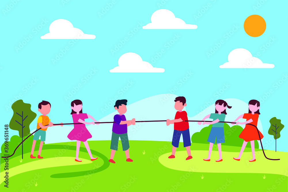 Summer fun vector concept: two groups of children playing tug of war at a playground