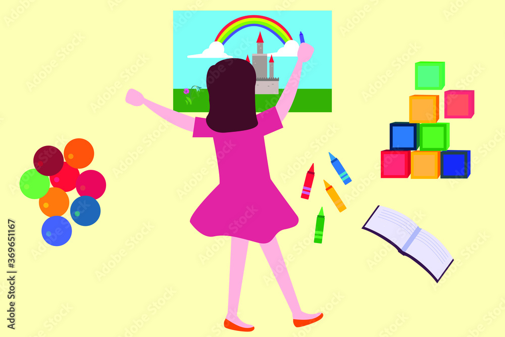Creativity vector concept: back view of unidentified girl drawing a castle with crayons Creativity vector concept: back view of unidentified girl drawing a castle with crayons