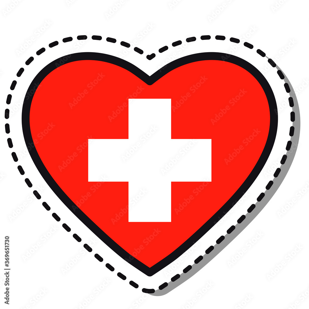 Obraz premium Flag Switzerland heart sticker on white background. Vintage vector love badge. Template design element. National day. Travel sign.