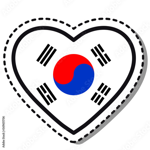 Flag South Korea heart sticker on white background. Vintage vector love badge. Template design element. National day. Travel sign.