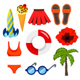 Summer set with colorful icons isolated on white background. Cartoon style. Design for posters, card, banner, flyer. Flat vector illustration. Symbols collection.