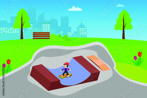 Skateboard vector concept: boy skating on the ramp at the skate park