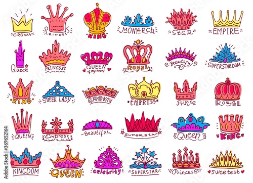 Kings and queens crowns elements set vector cartoon illustration isolated.