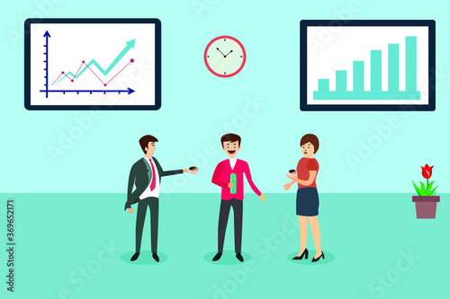 Office break vector concept: group of business people drinking coffee while chatting at the office