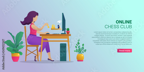 Online chess club web banner, landing page. Woman sitting in front of computer screen playing strategic game during self-isolation. Online chess tournament website or app. Flat vector illustration