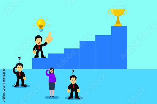 Business competition vector concept: Knowledgeable businessman on the way to the trophy while the other clueless business people stay below 
