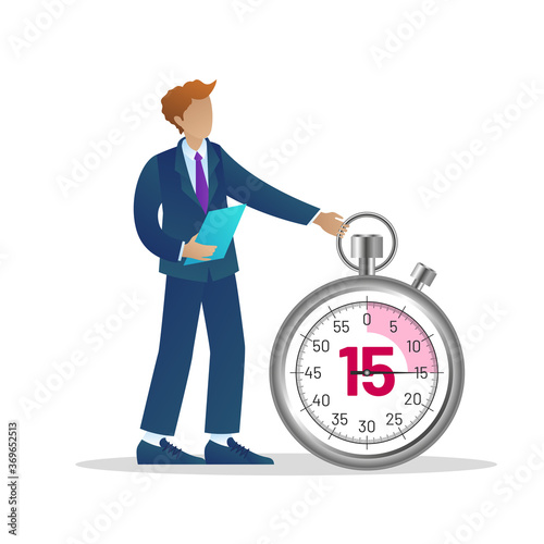 Office time management. Businessman standing at huge stopwatch. Business process optimisation, time management, deadline and punctuality concept flat vector illustration