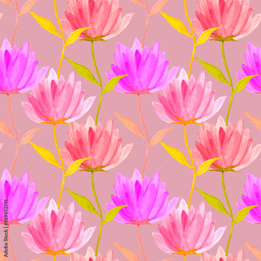 Fantasy flowers seamless watercolor pattern, vertical. illustration JPG.