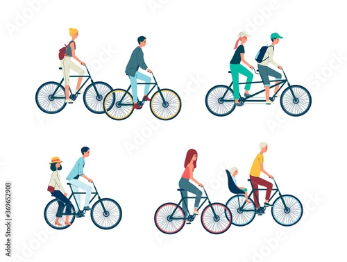 Set people riding bicycle and tandem bike flat vector illustration isolated.
