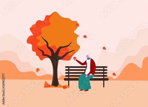 Autumn vector concept: old woman holding the falling leaf enjoying autumn breeze sitting on the park
