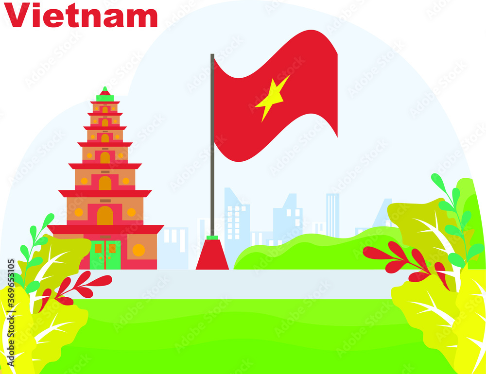 Vietnam Independence Day vector concept: Thiên Mụ Pagoda besides Vietnam national flag at the hills