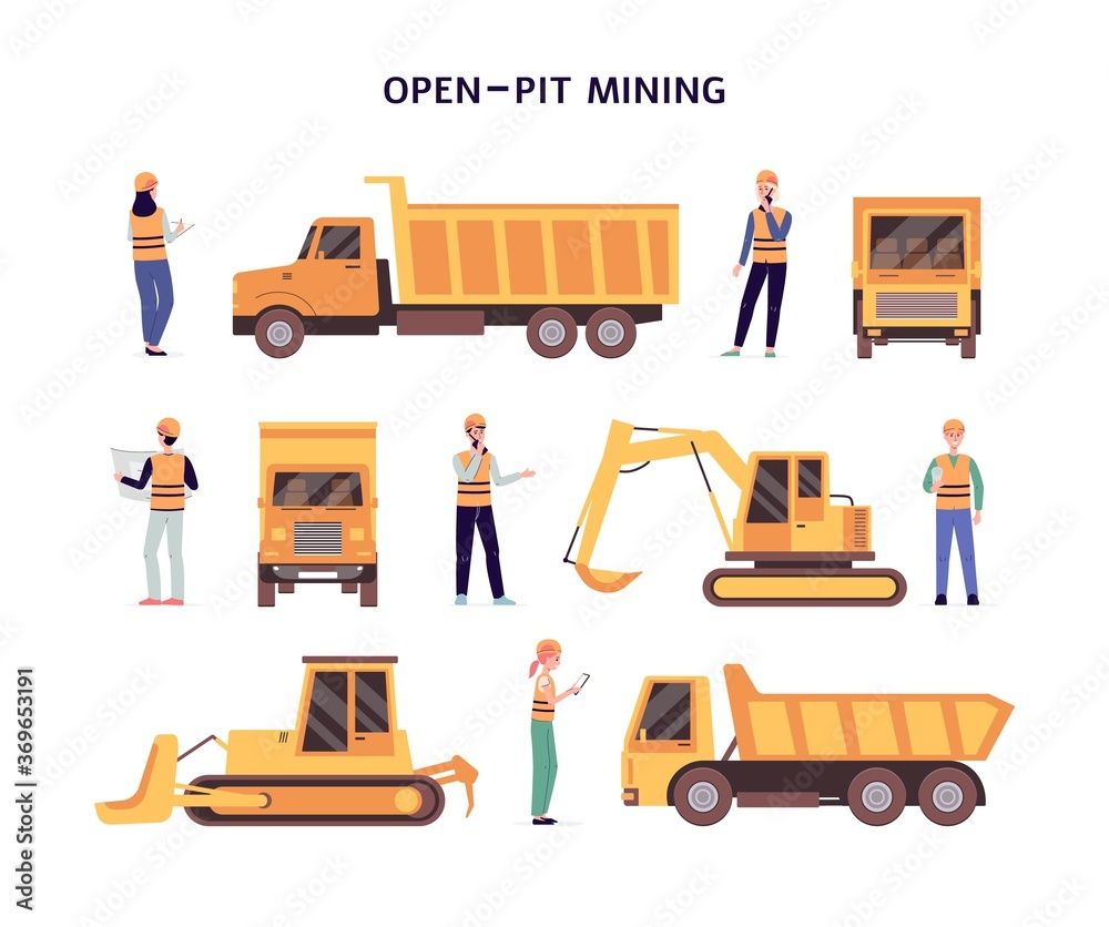 Open pit mining set of construction equipment flat vector illustration isolated. Open pit mining set of construction equipment flat vector illustration isolated.