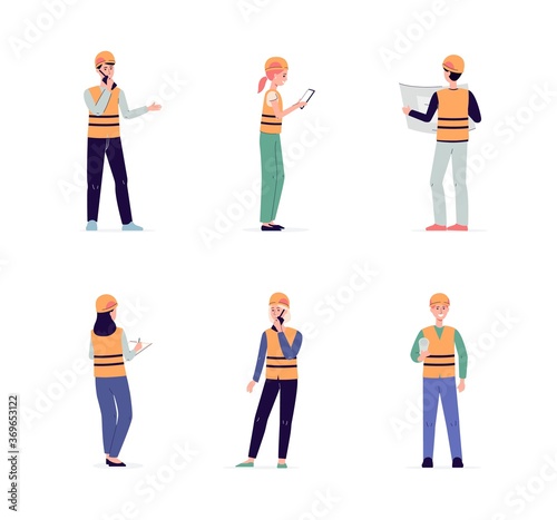 Workers and engineers of quarry mining set flat vector illustration isolated.
